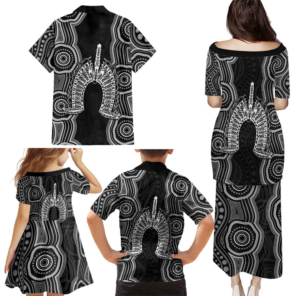 Torres Strait Islander Family Matching Puletasi and Hawaiian Shirt Flag Feather Headdress Indigenous Dotwork Tribal Art