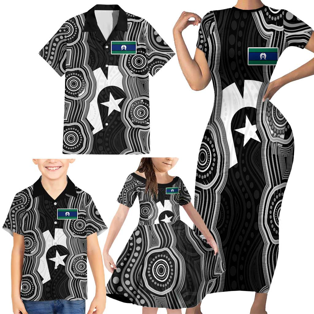 Torres Strait Islander Family Matching Short Sleeve Bodycon Dress and Hawaiian Shirt Flag Feather Headdress Indigenous Dotwork Tribal Art