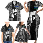 Torres Strait Islander Family Matching Short Sleeve Bodycon Dress and Hawaiian Shirt Flag Feather Headdress Indigenous Dotwork Tribal Art