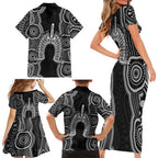 Torres Strait Islander Family Matching Short Sleeve Bodycon Dress and Hawaiian Shirt Flag Feather Headdress Indigenous Dotwork Tribal Art