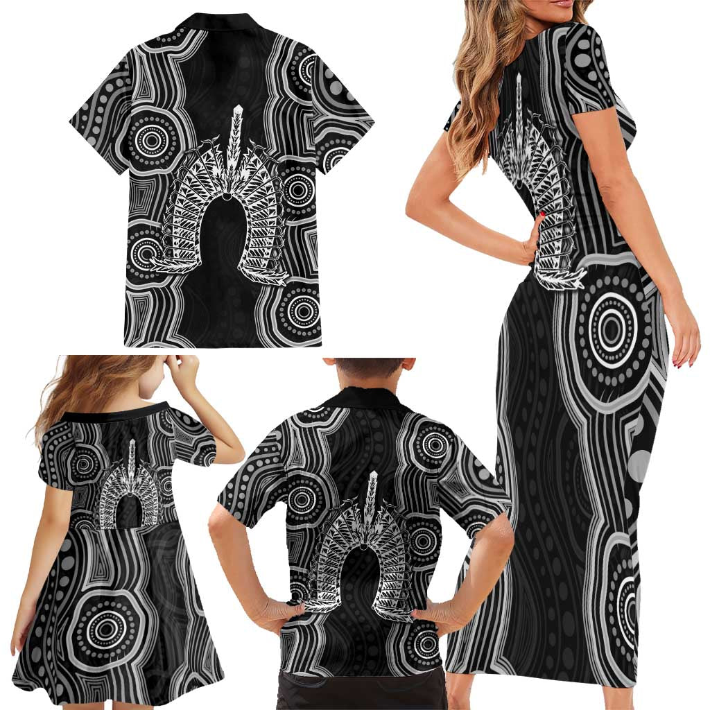 Torres Strait Islander Family Matching Short Sleeve Bodycon Dress and Hawaiian Shirt Flag Feather Headdress Indigenous Dotwork Tribal Art