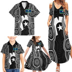 Torres Strait Islander Family Matching Summer Maxi Dress and Hawaiian Shirt Flag Feather Headdress Indigenous Dotwork Tribal Art