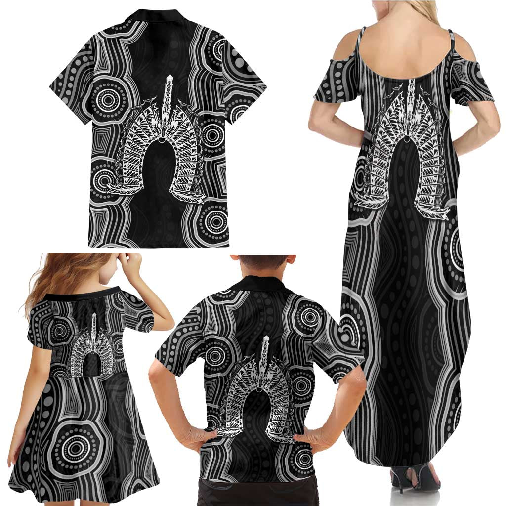 Torres Strait Islander Family Matching Summer Maxi Dress and Hawaiian Shirt Flag Feather Headdress Indigenous Dotwork Tribal Art