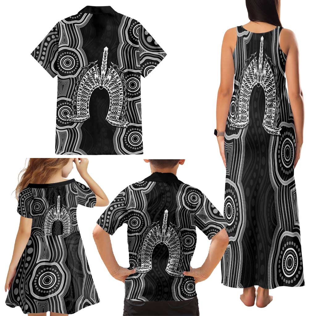 Torres Strait Islander Family Matching Tank Maxi Dress and Hawaiian Shirt Flag Feather Headdress Indigenous Dotwork Tribal Art