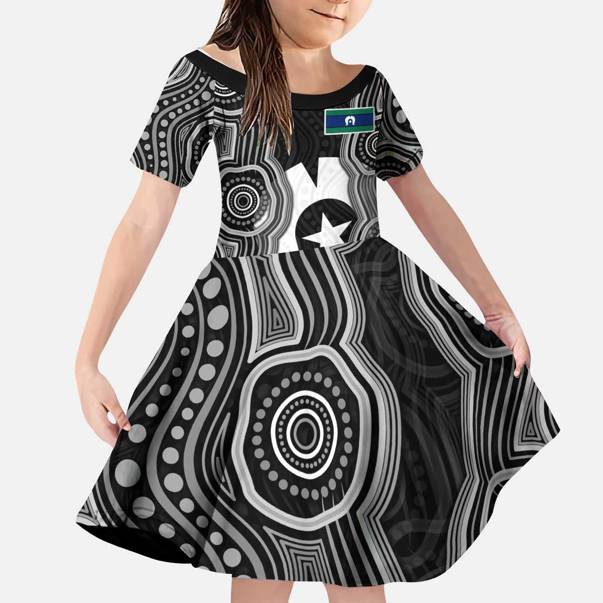 Torres Strait Islander Kid Short Sleeve Dress Flag Feather Headdress Indigenous Dotwork Tribal Art