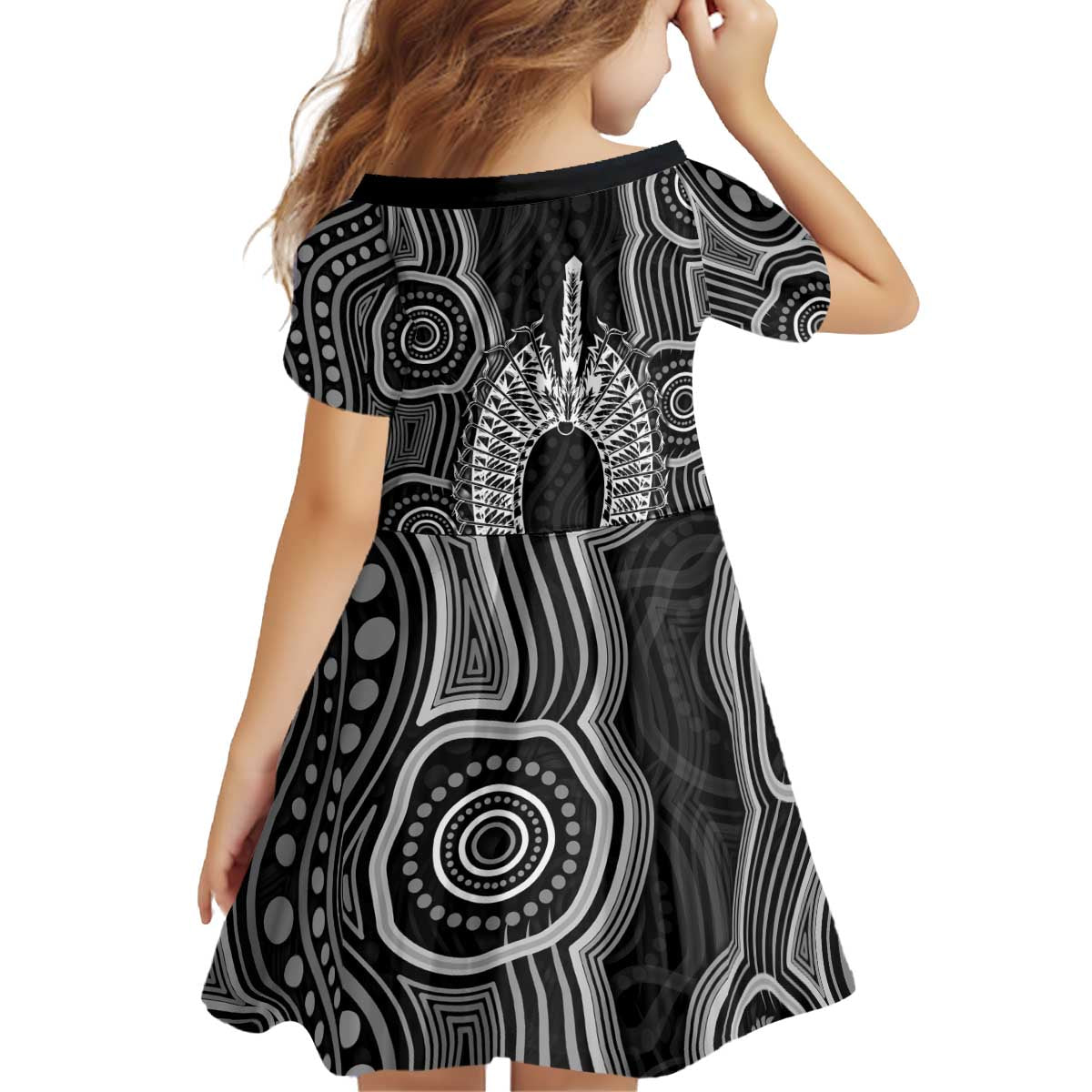 Torres Strait Islander Kid Short Sleeve Dress Flag Feather Headdress Indigenous Dotwork Tribal Art