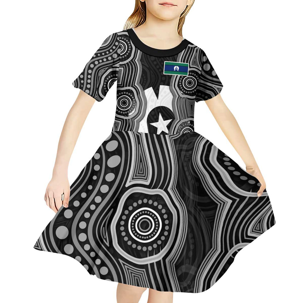 Torres Strait Islander Kid Short Sleeve Dress Flag Feather Headdress Indigenous Dotwork Tribal Art