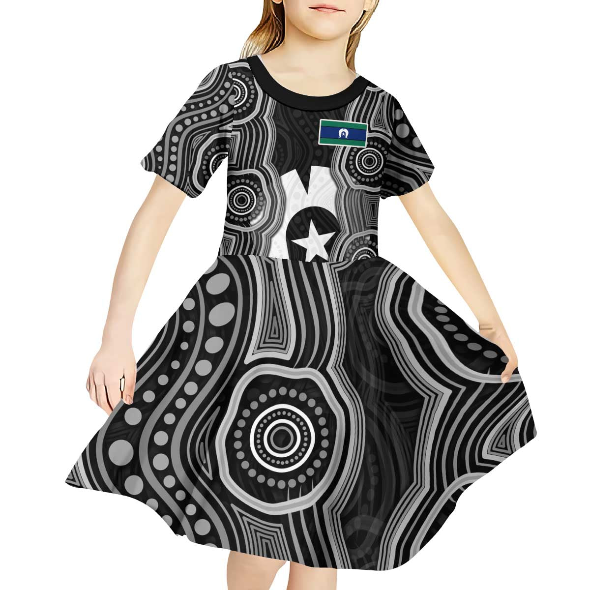 Torres Strait Islander Kid Short Sleeve Dress Flag Feather Headdress Indigenous Dotwork Tribal Art