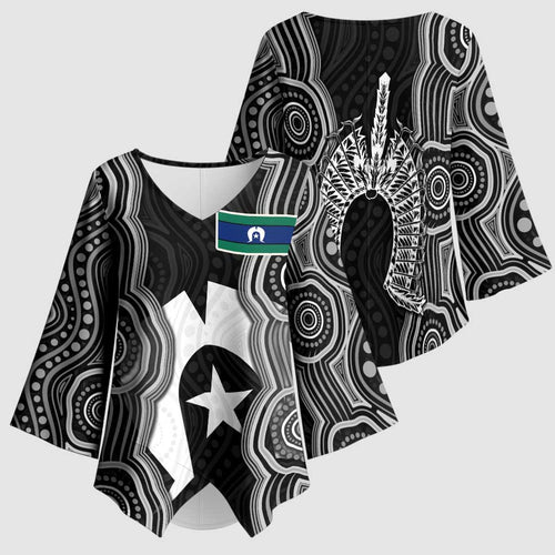 Torres Strait Islander Kimono Sleeve Blouse Flag Feather Headdress Indigenous Dotwork Tribal Art