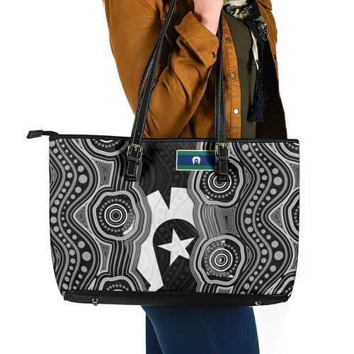 Torres Strait Islander Leather Tote Bag Flag Feather Headdress Indigenous Dotwork Tribal Art