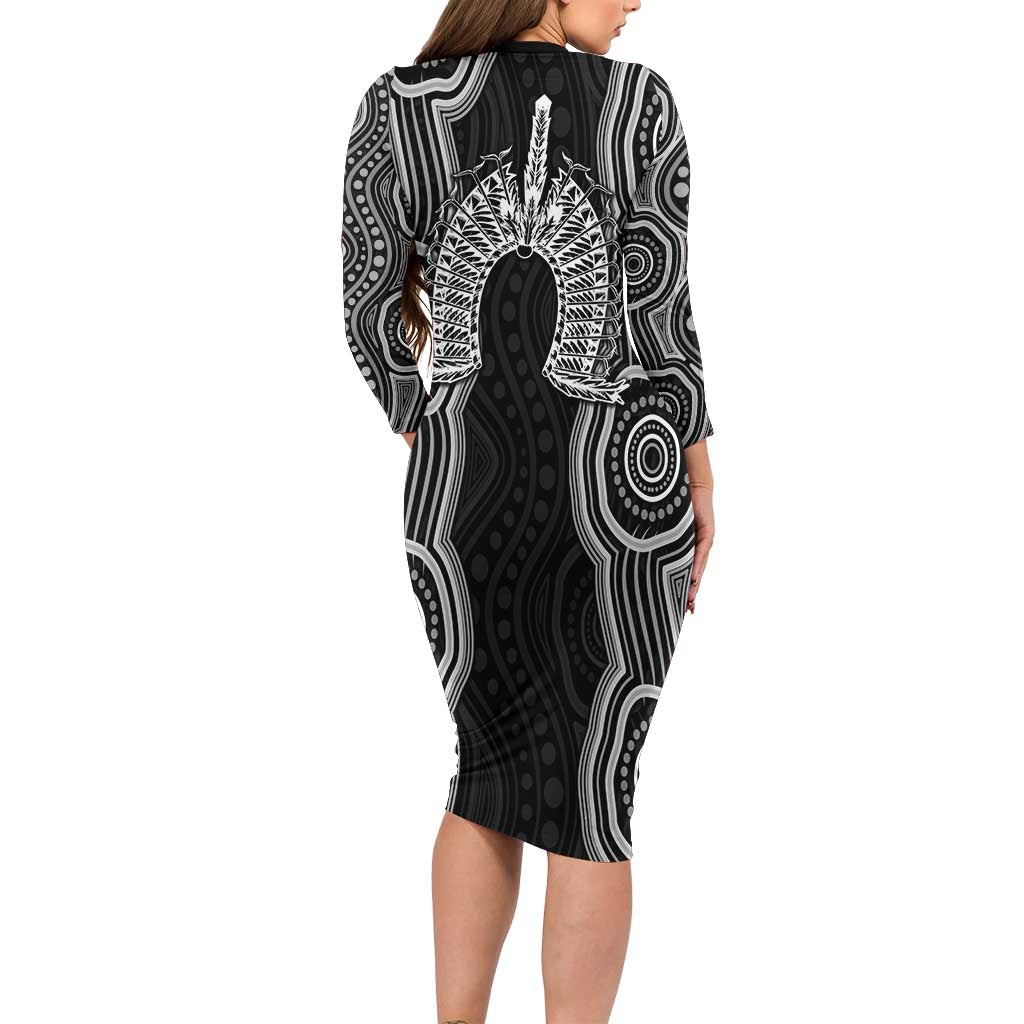 Torres Strait Islander Long Sleeve Bodycon Dress Flag Feather Headdress Indigenous Dotwork Tribal Art
