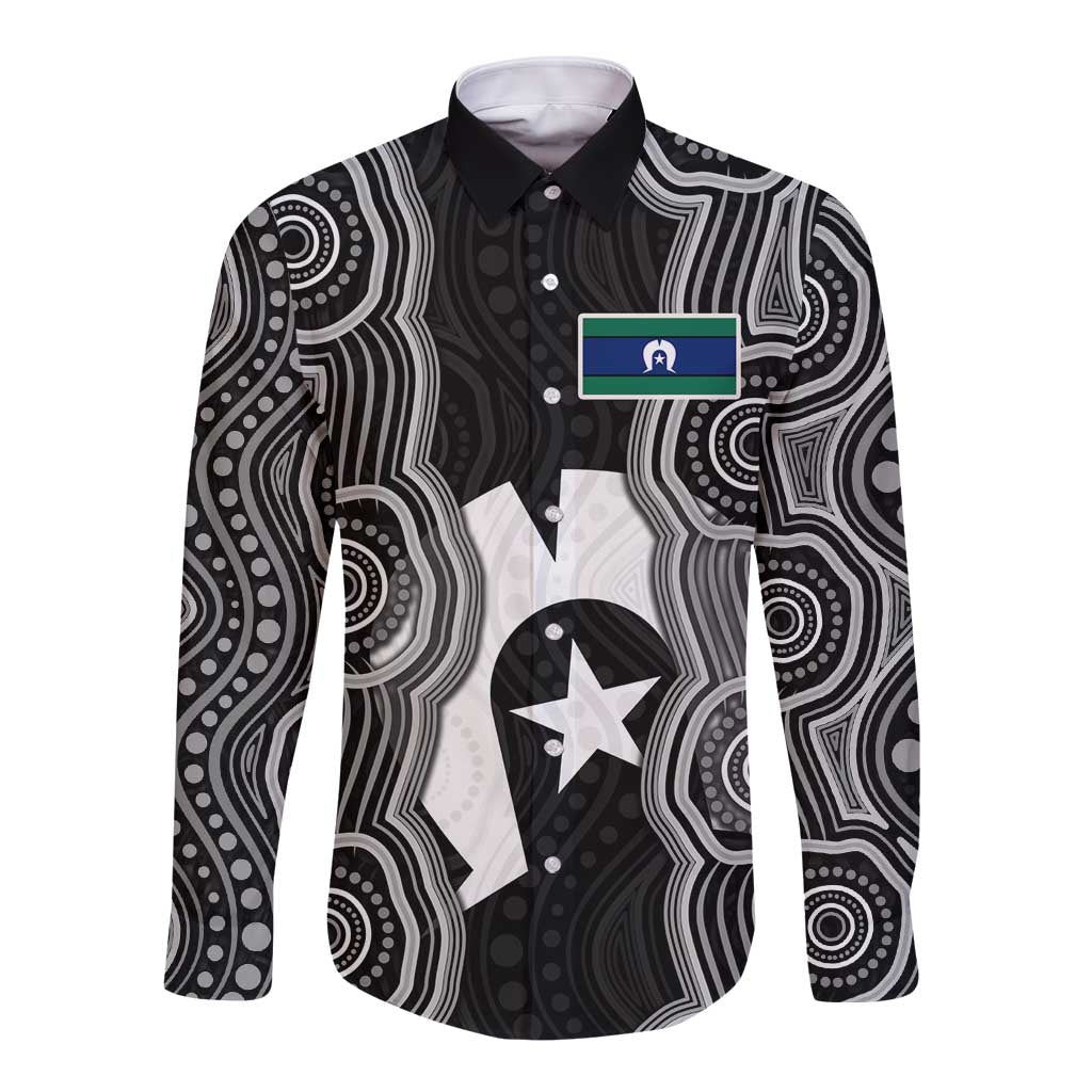 Torres Strait Islander Long Sleeve Button Shirt Flag Feather Headdress Indigenous Dotwork Tribal Art