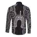 Torres Strait Islander Long Sleeve Button Shirt Flag Feather Headdress Indigenous Dotwork Tribal Art