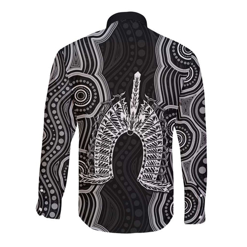 Torres Strait Islander Long Sleeve Button Shirt Flag Feather Headdress Indigenous Dotwork Tribal Art