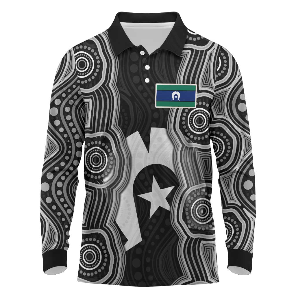 Torres Strait Islander Long Sleeve Polo Shirt Flag Feather Headdress Indigenous Dotwork Tribal Art