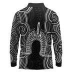Torres Strait Islander Long Sleeve Polo Shirt Flag Feather Headdress Indigenous Dotwork Tribal Art