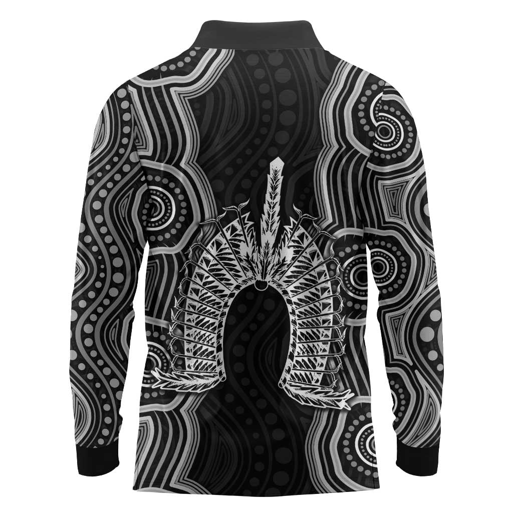 Torres Strait Islander Long Sleeve Polo Shirt Flag Feather Headdress Indigenous Dotwork Tribal Art
