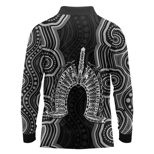 Torres Strait Islander Long Sleeve Polo Shirt Flag Feather Headdress Indigenous Dotwork Tribal Art