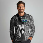 Torres Strait Islander Long Sleeve Polo Shirt Flag Feather Headdress Indigenous Dotwork Tribal Art