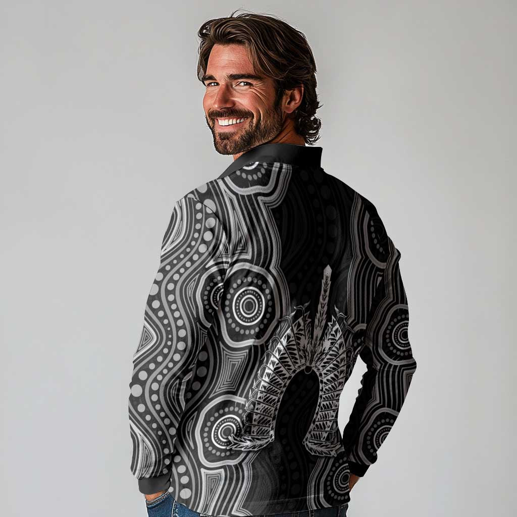 Torres Strait Islander Long Sleeve Polo Shirt Flag Feather Headdress Indigenous Dotwork Tribal Art