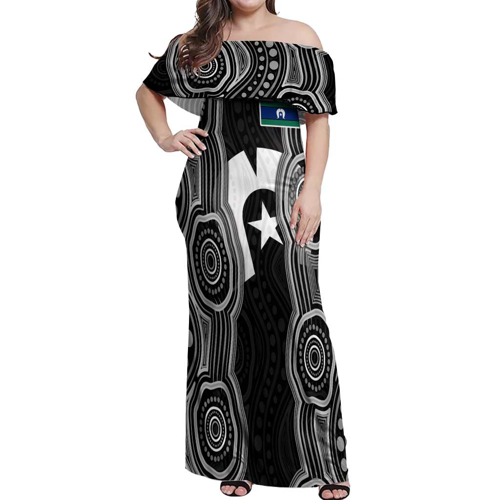 Torres Strait Islander Off Shoulder Maxi Dress Flag Feather Headdress Indigenous Dotwork Tribal Art