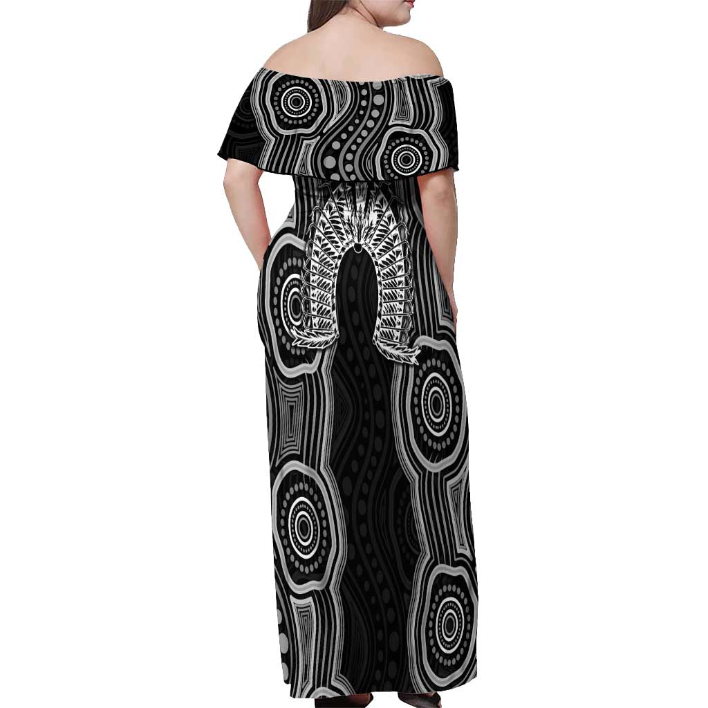Torres Strait Islander Off Shoulder Maxi Dress Flag Feather Headdress Indigenous Dotwork Tribal Art
