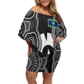 Torres Strait Islander Off Shoulder Short Dress Flag Feather Headdress Indigenous Dotwork Tribal Art