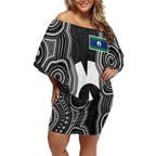 Torres Strait Islander Off Shoulder Short Dress Flag Feather Headdress Indigenous Dotwork Tribal Art