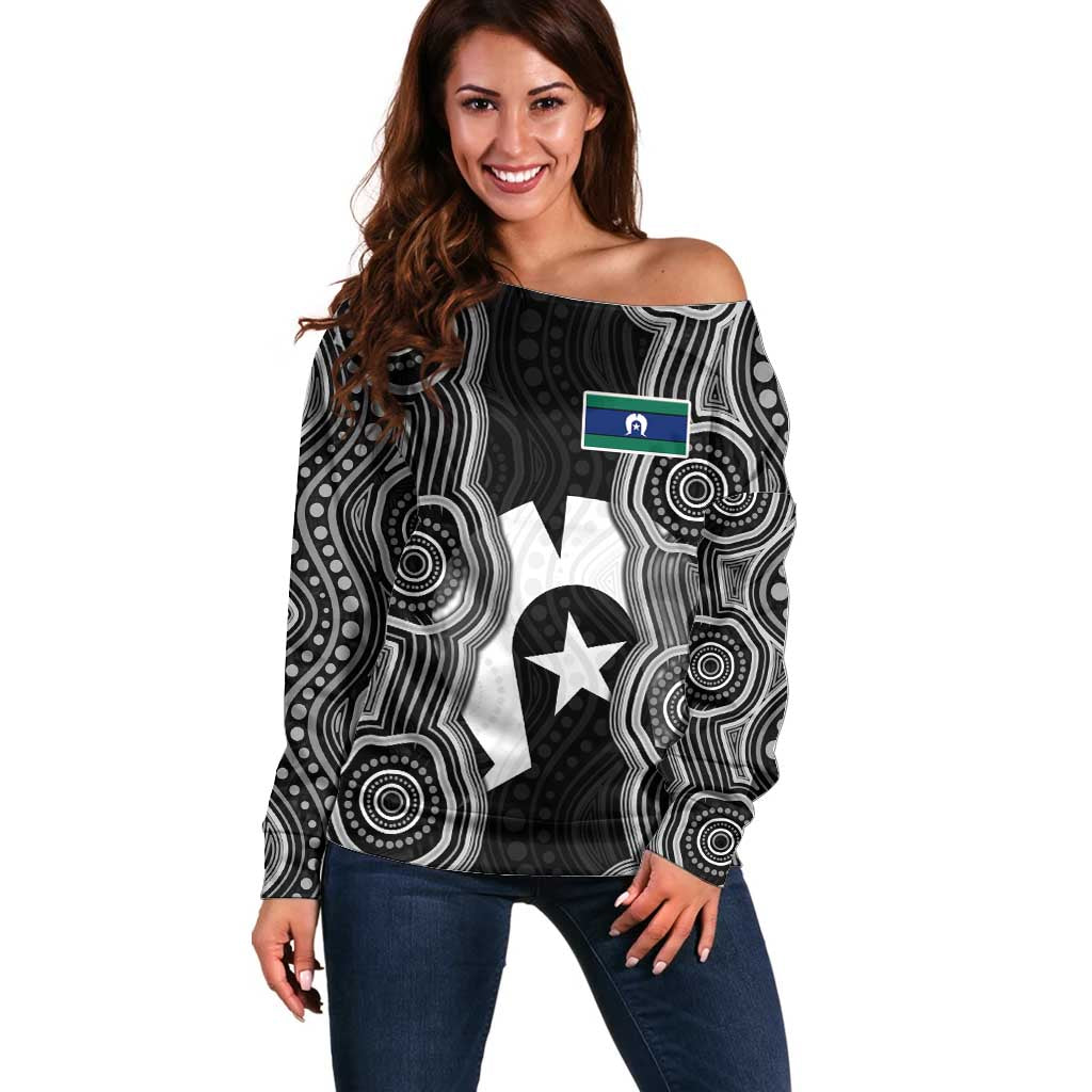 Torres Strait Islander Off Shoulder Sweater Flag Feather Headdress Indigenous Dotwork Tribal Art