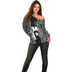 Torres Strait Islander Off Shoulder Sweater Flag Feather Headdress Indigenous Dotwork Tribal Art
