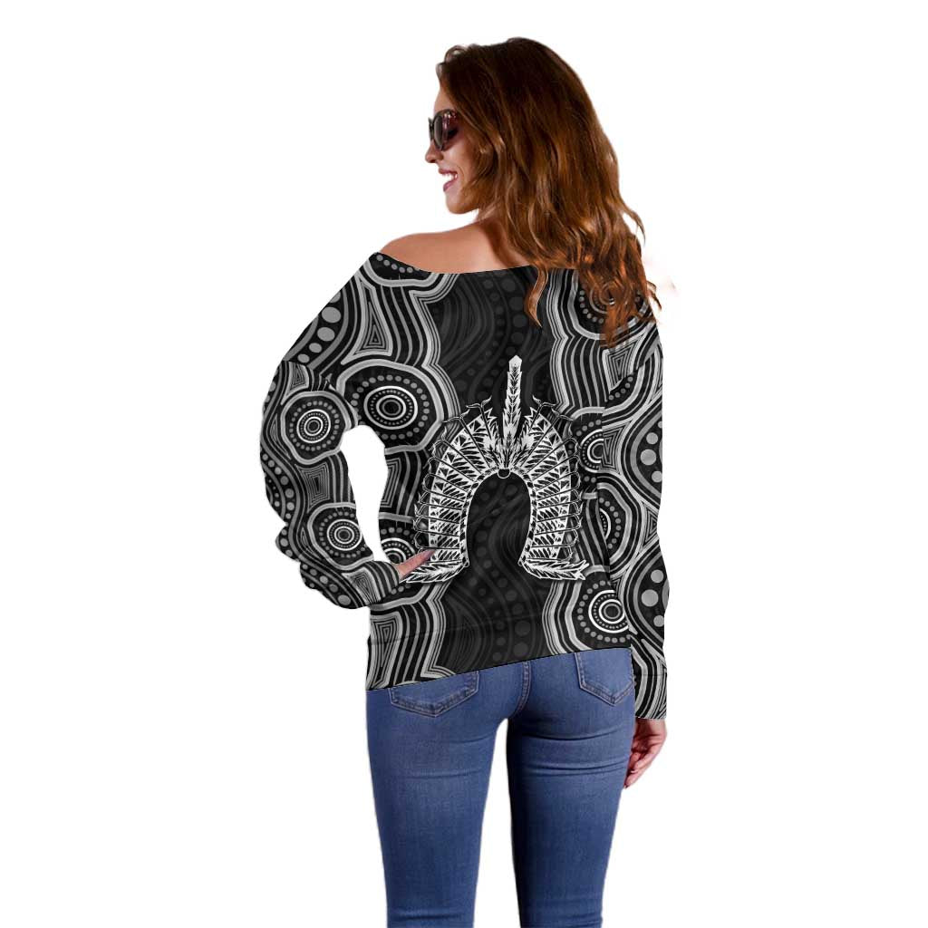 Torres Strait Islander Off Shoulder Sweater Flag Feather Headdress Indigenous Dotwork Tribal Art