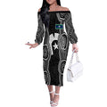 Torres Strait Islander Off The Shoulder Long Sleeve Dress Flag Feather Headdress Indigenous Dotwork Tribal Art