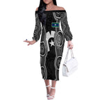 Torres Strait Islander Off The Shoulder Long Sleeve Dress Flag Feather Headdress Indigenous Dotwork Tribal Art