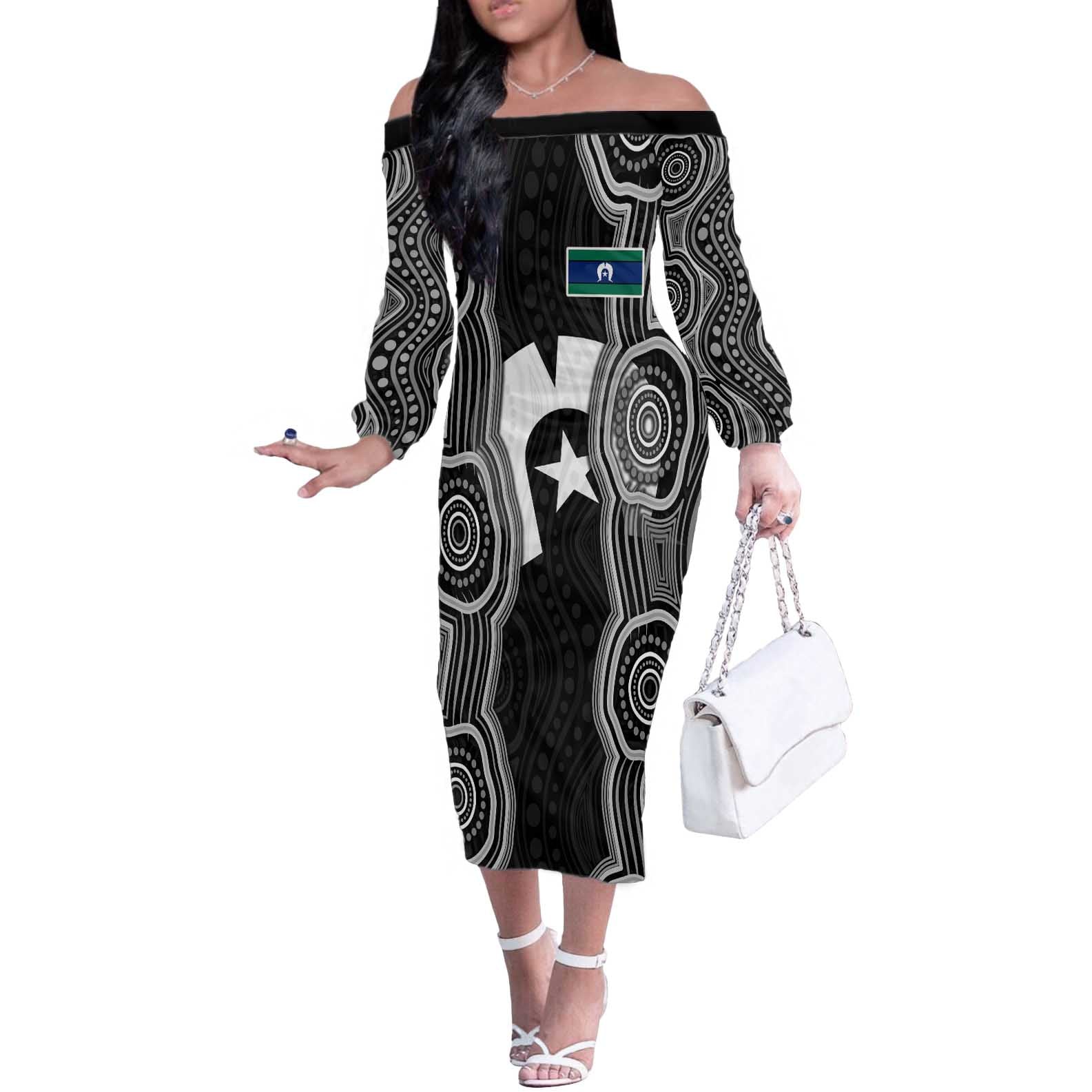 Torres Strait Islander Off The Shoulder Long Sleeve Dress Flag Feather Headdress Indigenous Dotwork Tribal Art