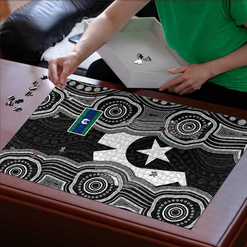 Torres Strait Islander Puzzle Flag Feather Headdress Indigenous Dotwork Tribal Art