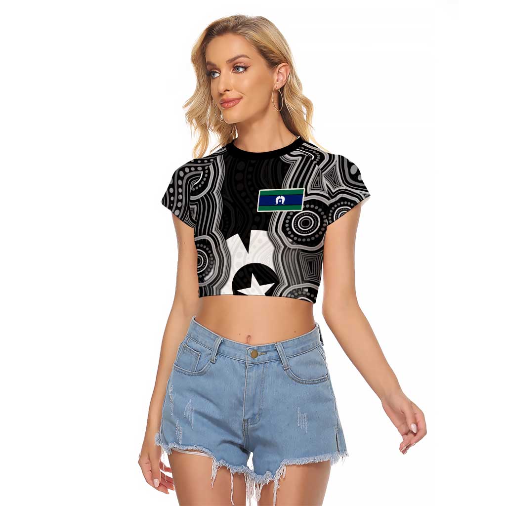Torres Strait Islander Raglan Cropped T Shirt Flag Feather Headdress Indigenous Dotwork Tribal Art