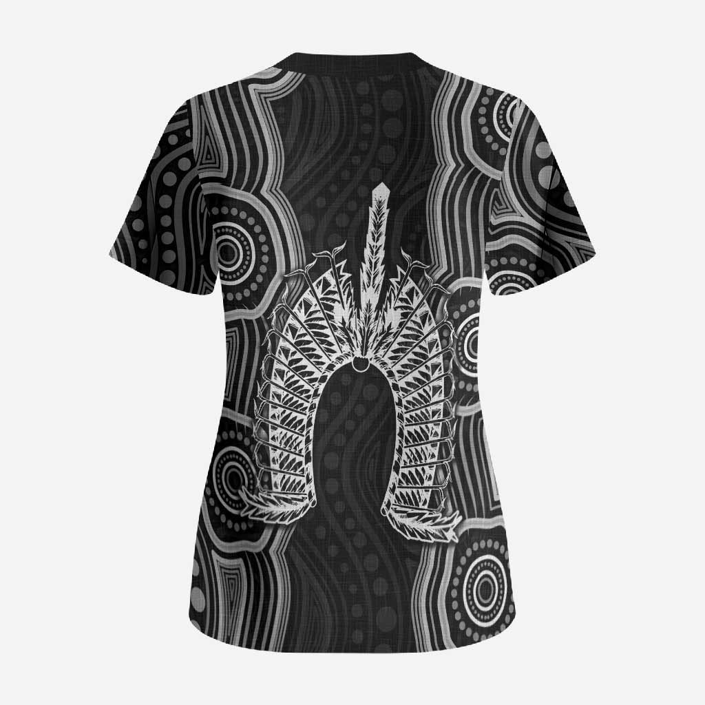Torres Strait Islander Scrub Top Flag Feather Headdress Indigenous Dotwork Tribal Art