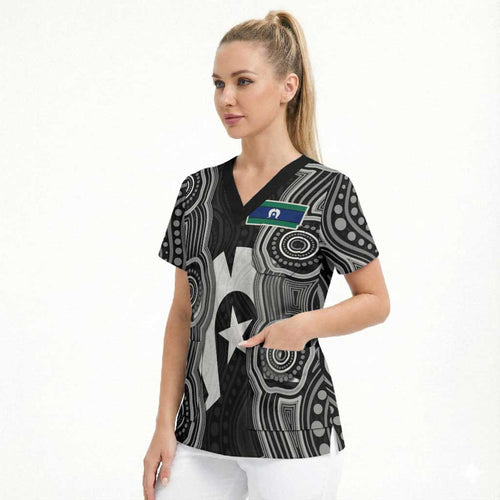 Torres Strait Islander Scrub Top Flag Feather Headdress Indigenous Dotwork Tribal Art
