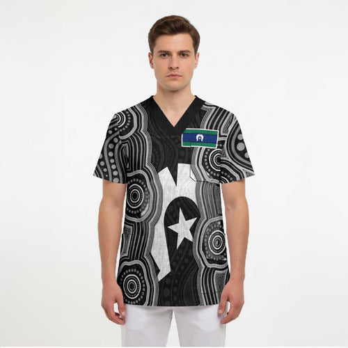 Torres Strait Islander Scrub Top Flag Feather Headdress Indigenous Dotwork Tribal Art