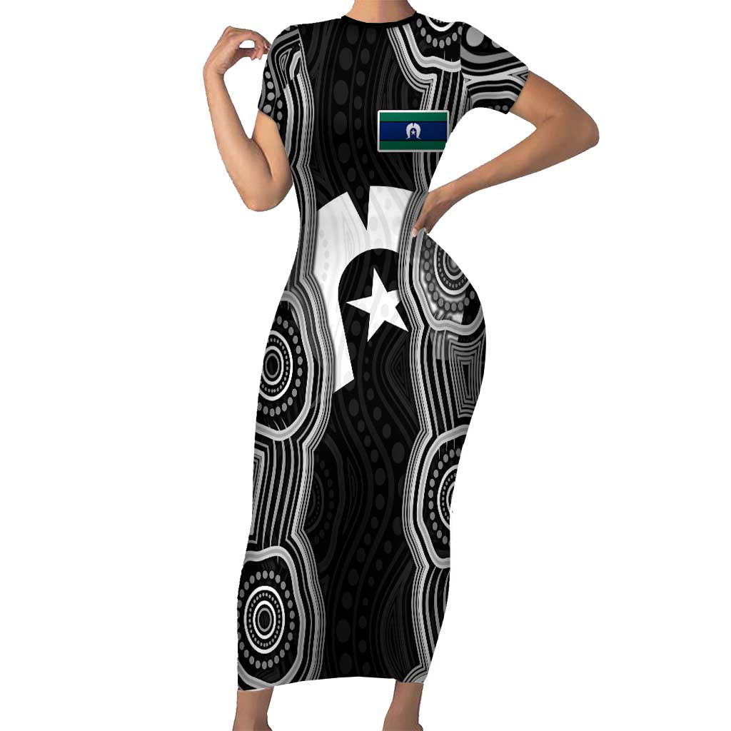 Torres Strait Islander Short Sleeve Bodycon Dress Flag Feather Headdress Indigenous Dotwork Tribal Art