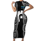 Torres Strait Islander Short Sleeve Bodycon Dress Flag Feather Headdress Indigenous Dotwork Tribal Art