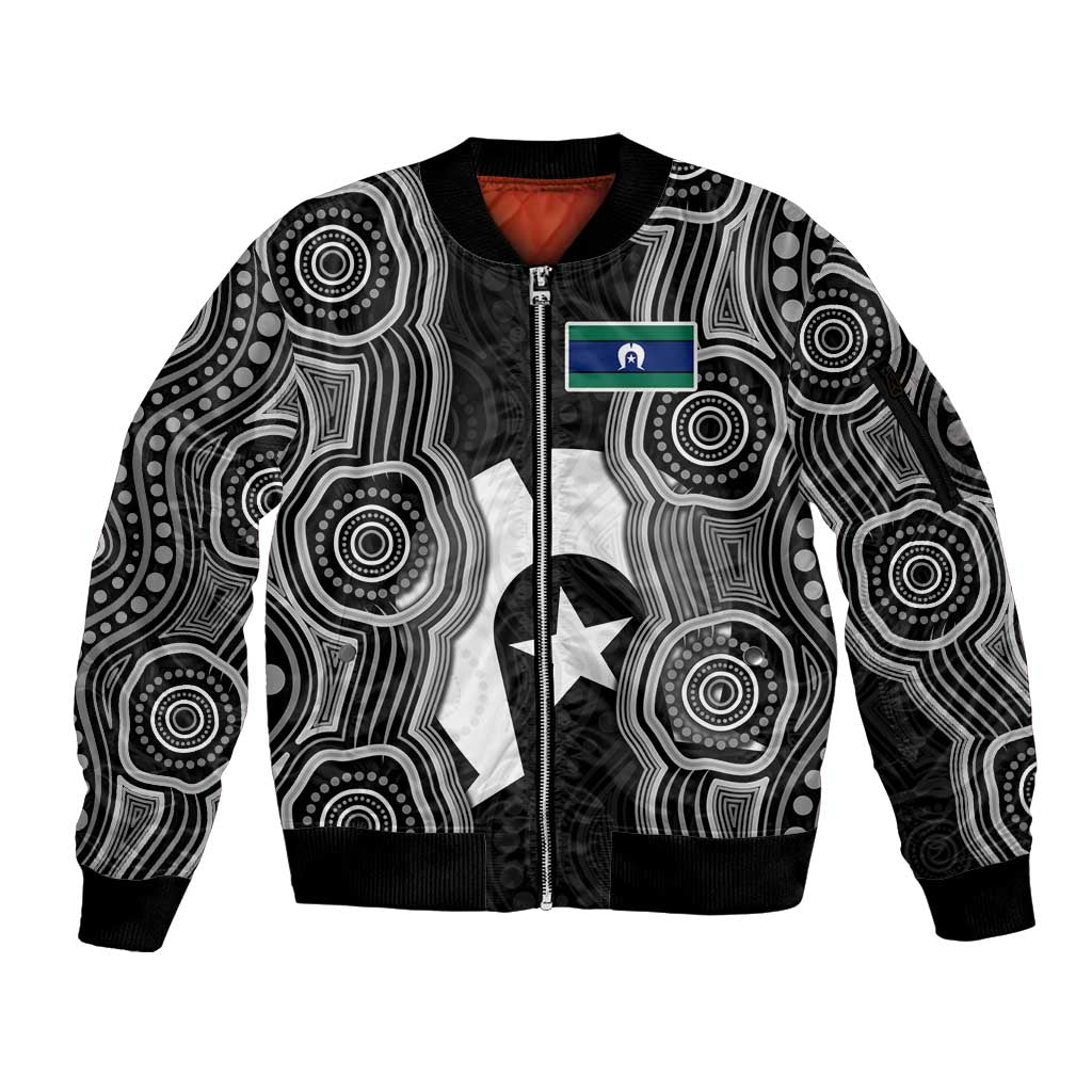 Torres Strait Islander Sleeve Zip Bomber Jacket Flag Feather Headdress Indigenous Dotwork Tribal Art
