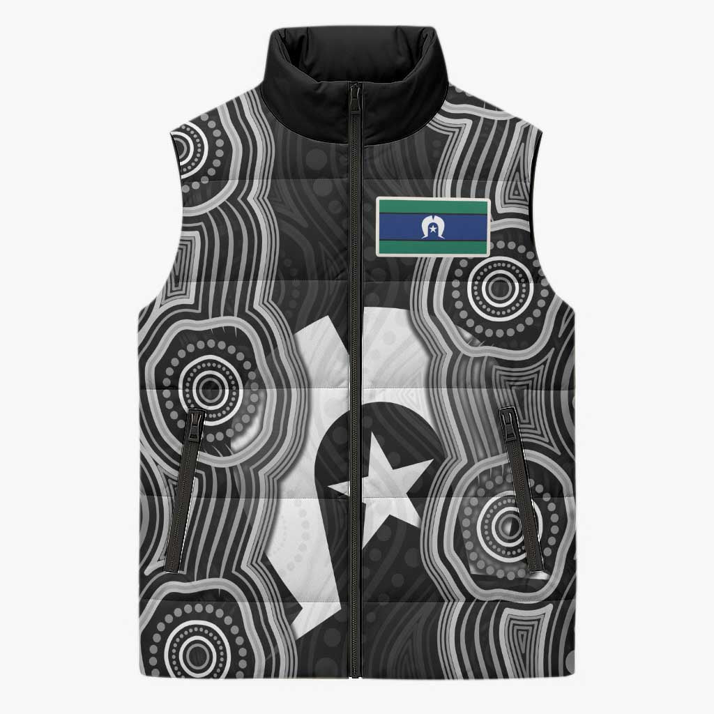 Torres Strait Islander Sleeveless Puffer Jacket Flag Feather Headdress Indigenous Dotwork Tribal Art