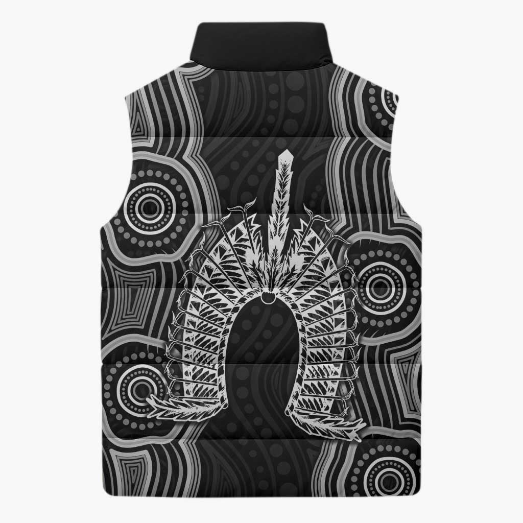 Torres Strait Islander Sleeveless Puffer Jacket Flag Feather Headdress Indigenous Dotwork Tribal Art