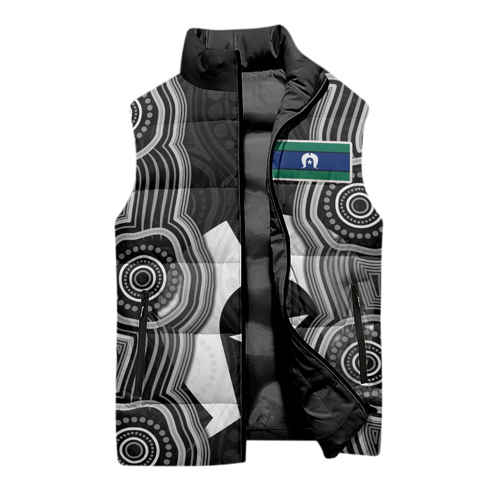Torres Strait Islander Sleeveless Puffer Jacket Flag Feather Headdress Indigenous Dotwork Tribal Art