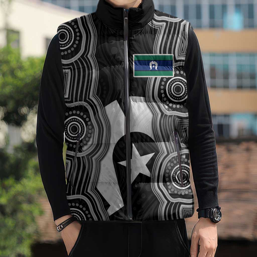 Torres Strait Islander Sleeveless Puffer Jacket Flag Feather Headdress Indigenous Dotwork Tribal Art