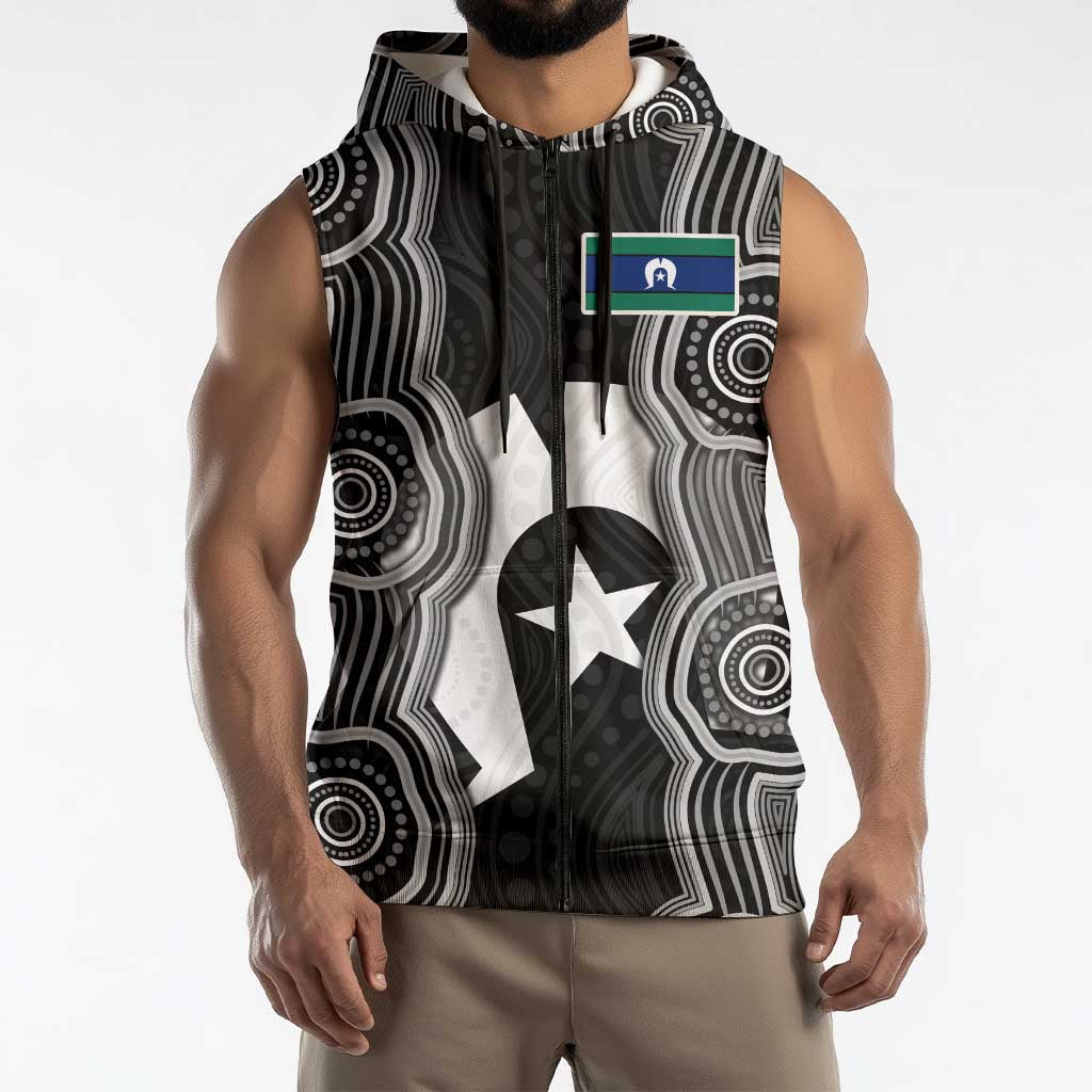 Torres Strait Islander Sleeveless Zip Hoodie Flag Feather Headdress Indigenous Dotwork Tribal Art