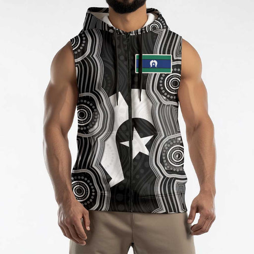 Torres Strait Islander Sleeveless Zip Hoodie Flag Feather Headdress Indigenous Dotwork Tribal Art