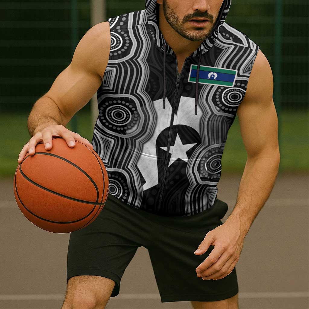 Torres Strait Islander Sleeveless Zip Hoodie Flag Feather Headdress Indigenous Dotwork Tribal Art