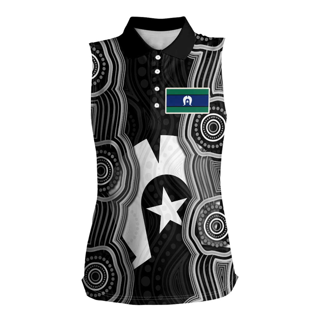 Torres Strait Islander Women Sleeveless Polo Shirt Flag Feather Headdress Indigenous Dotwork Tribal Art